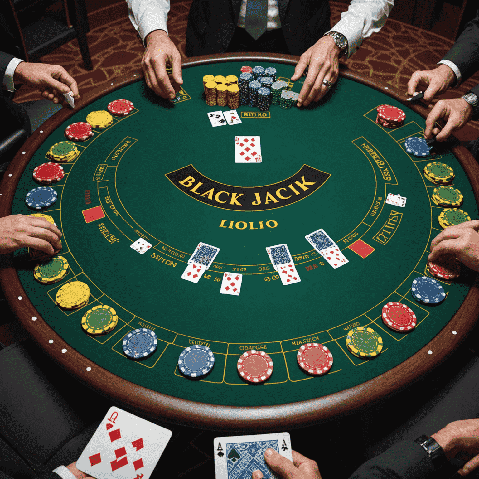 Une table de Blackjack avec des cartes étalées et des jetons virtuels colorés