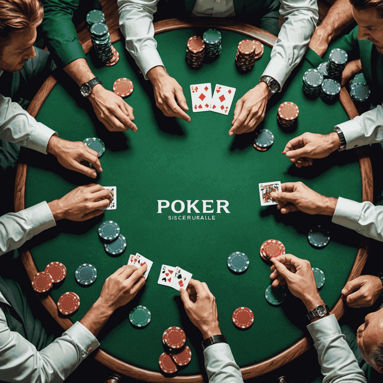 Image d'un tournoi de poker avec des joueurs autour d'une table verte, des cartes et des jetons