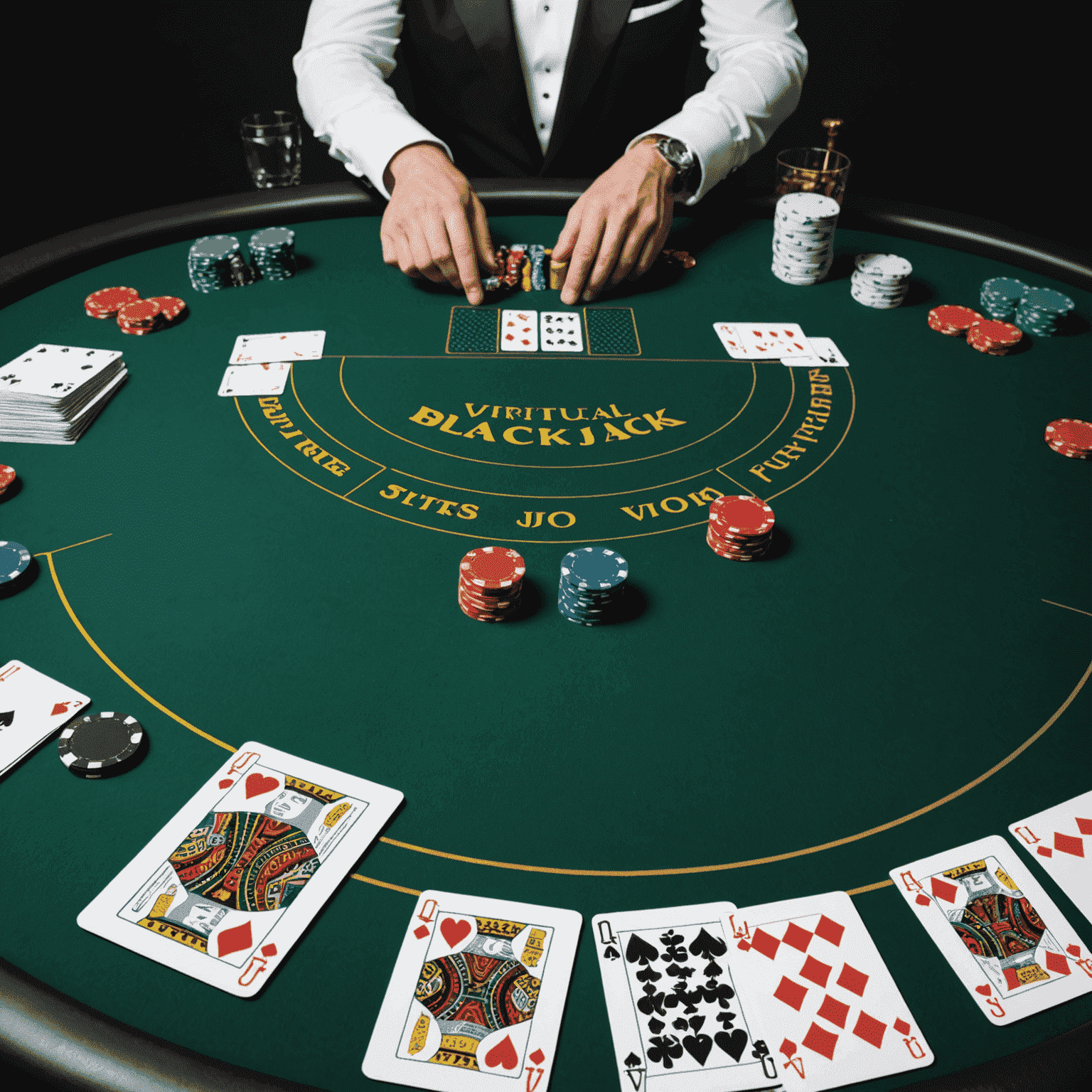 Table de blackjack virtuelle avec des cartes étalées et des jetons