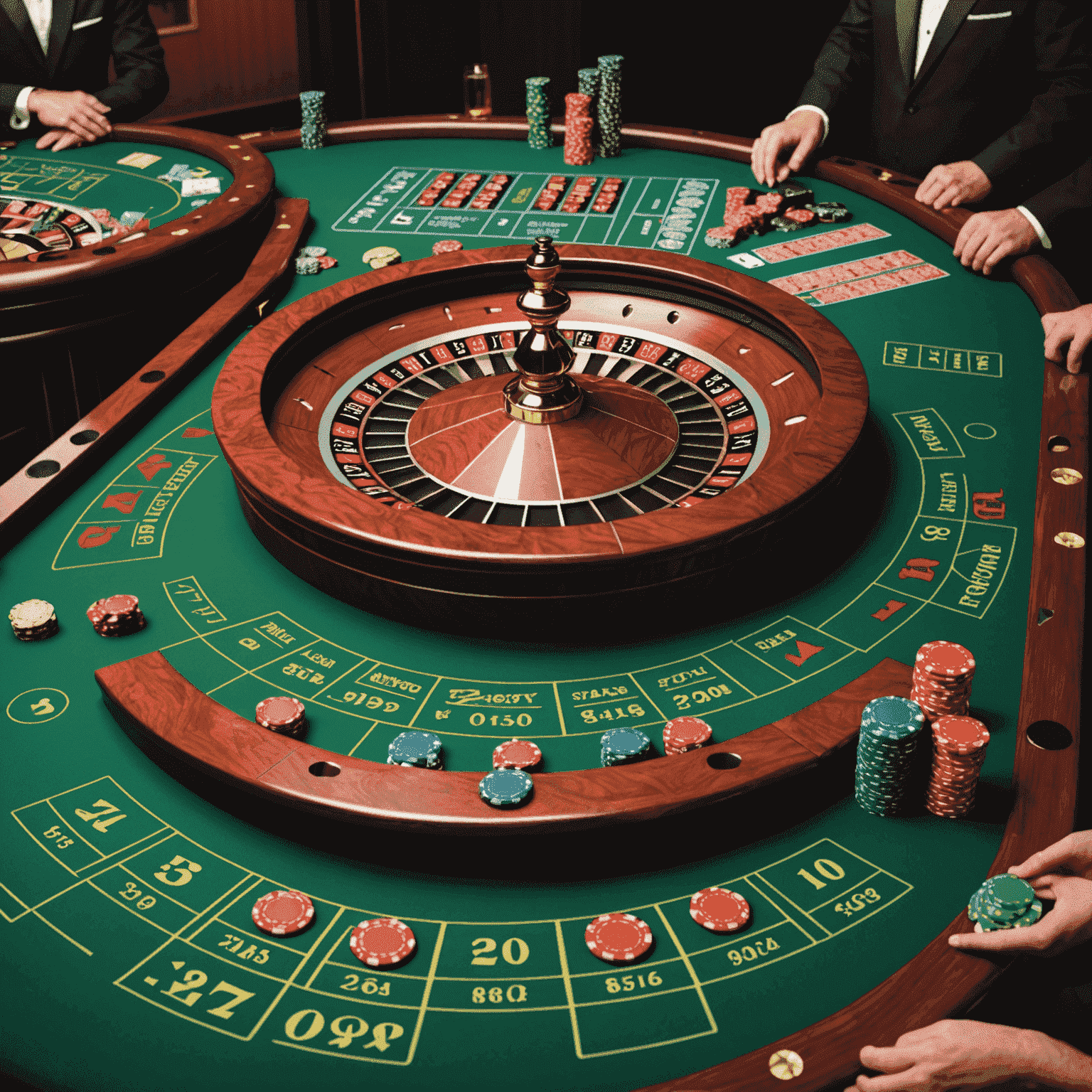 Table de casino virtuelle avec cartes de blackjack, roulette et jetons