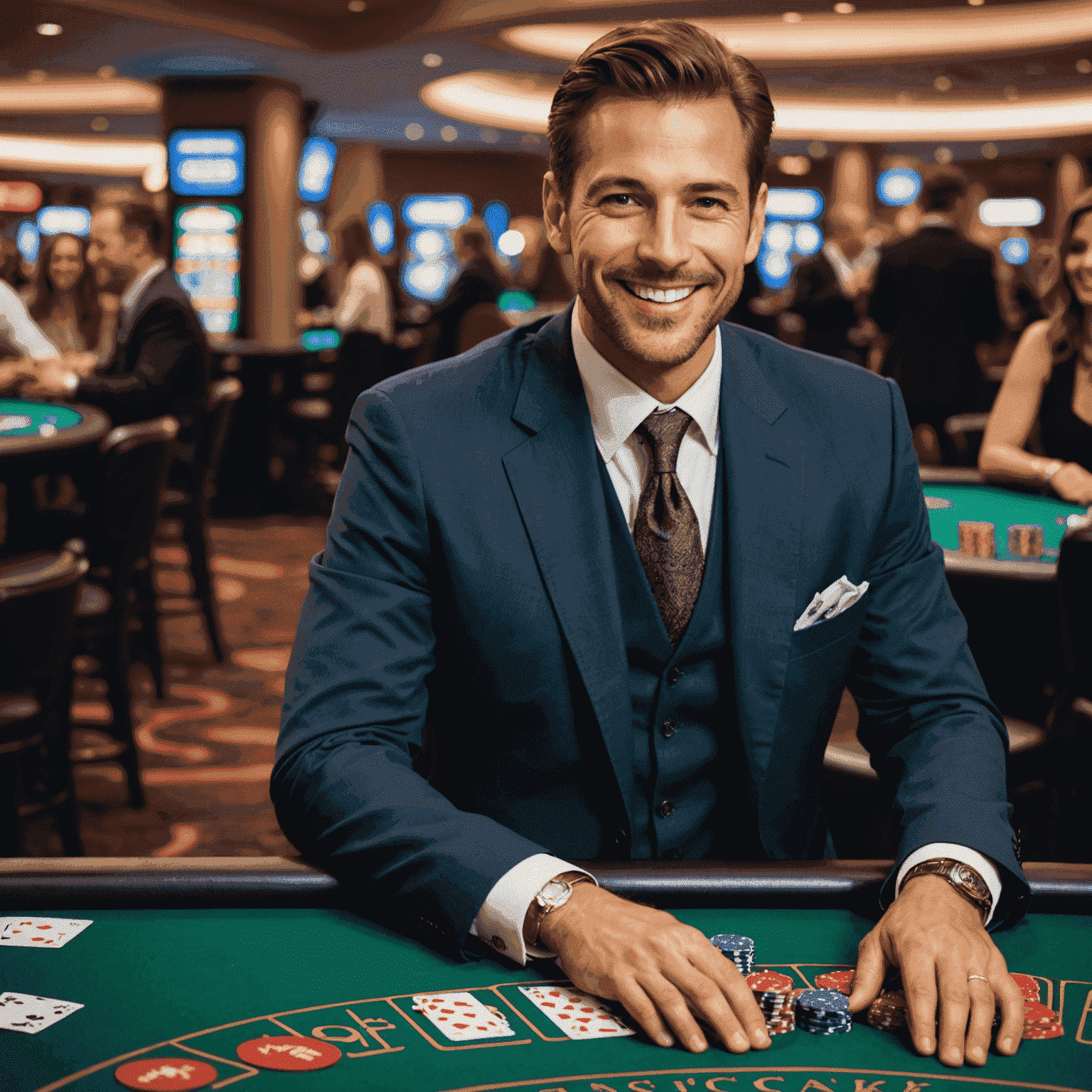 Un croupier souriant devant une table de blackjack en direct