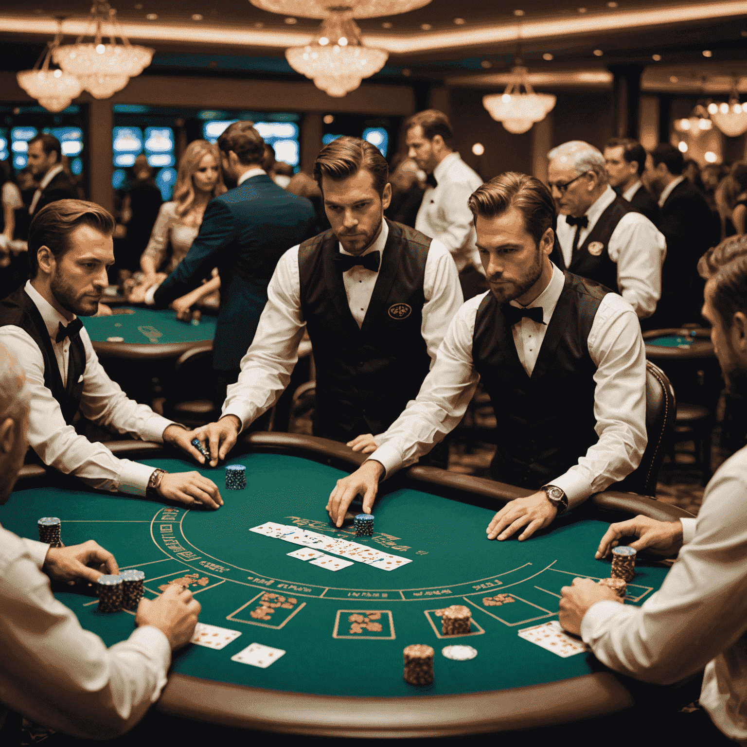 Image d'un tournoi de blackjack avec plusieurs tables de jeu et des joueurs concentrés