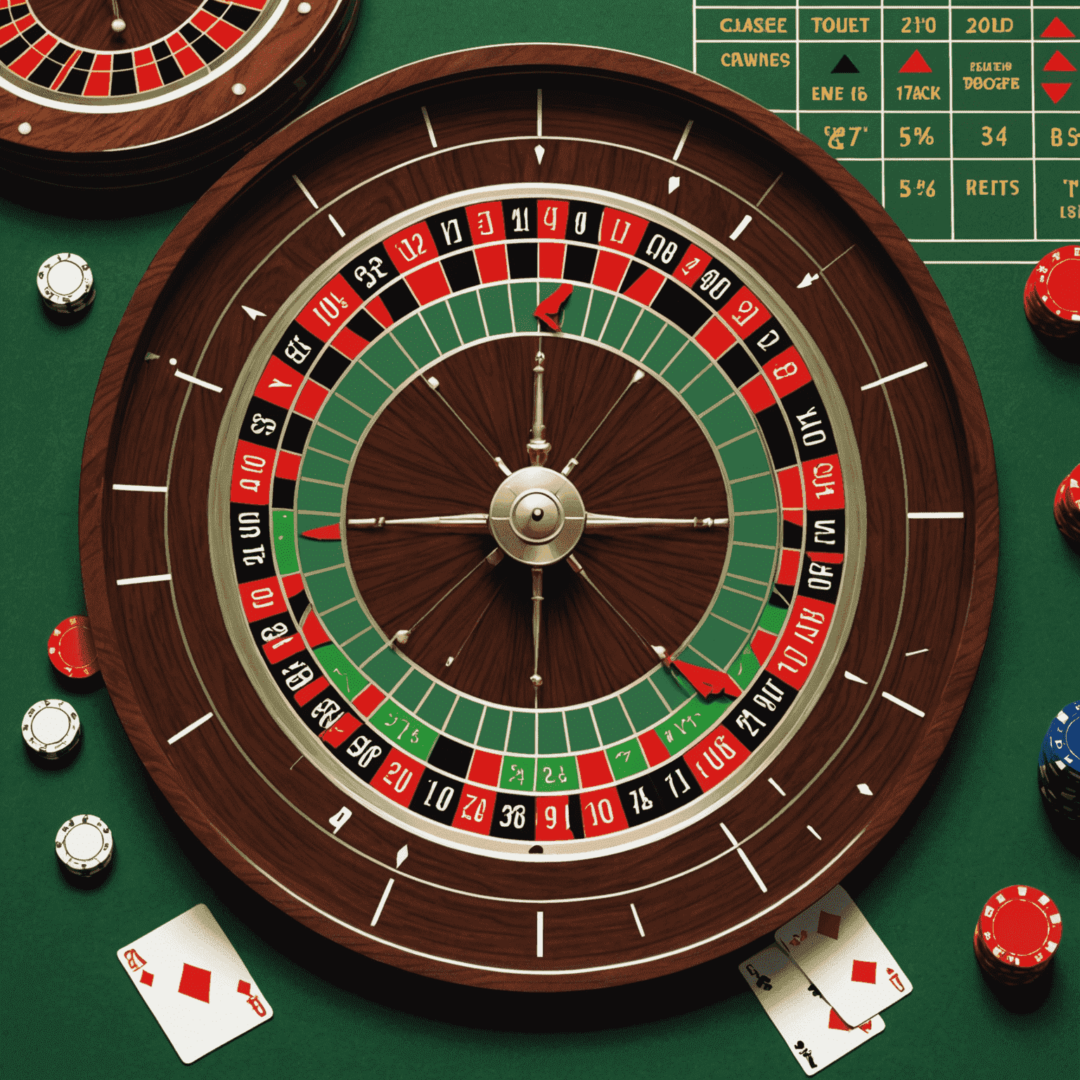 Image montrant des diagrammes de stratégie de jeu, des cartes de blackjack et une roulette avec des flèches indiquant les meilleures mises