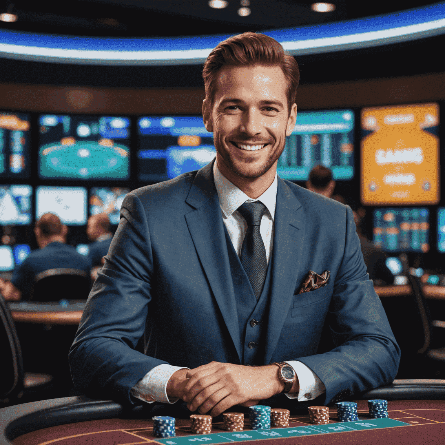 Croupier en direct souriant devant une table de jeu virtuelle avec des écrans d'ordinateur en arrière-plan