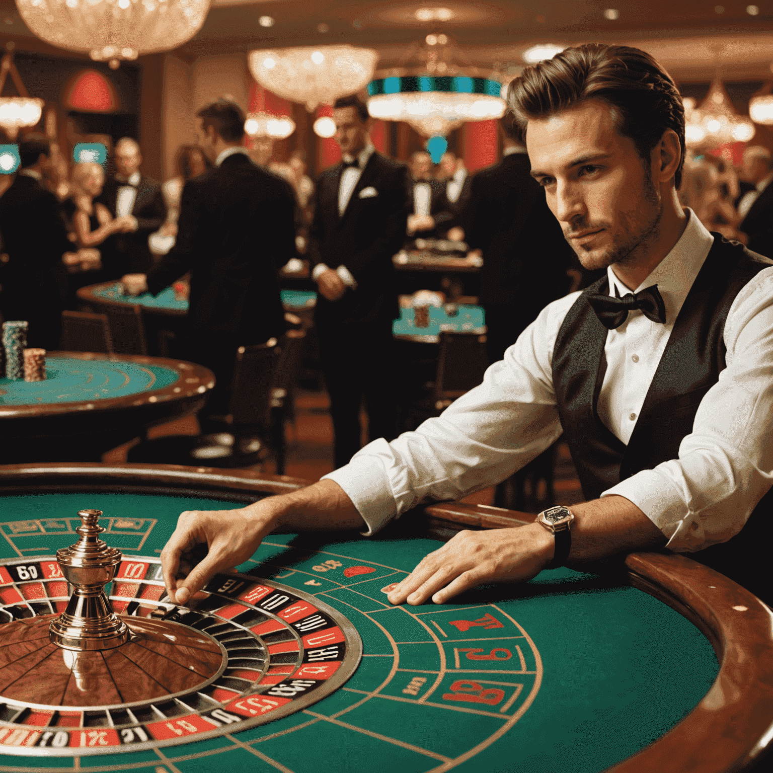 Une roulette en mouvement avec un croupier en arrière-plan