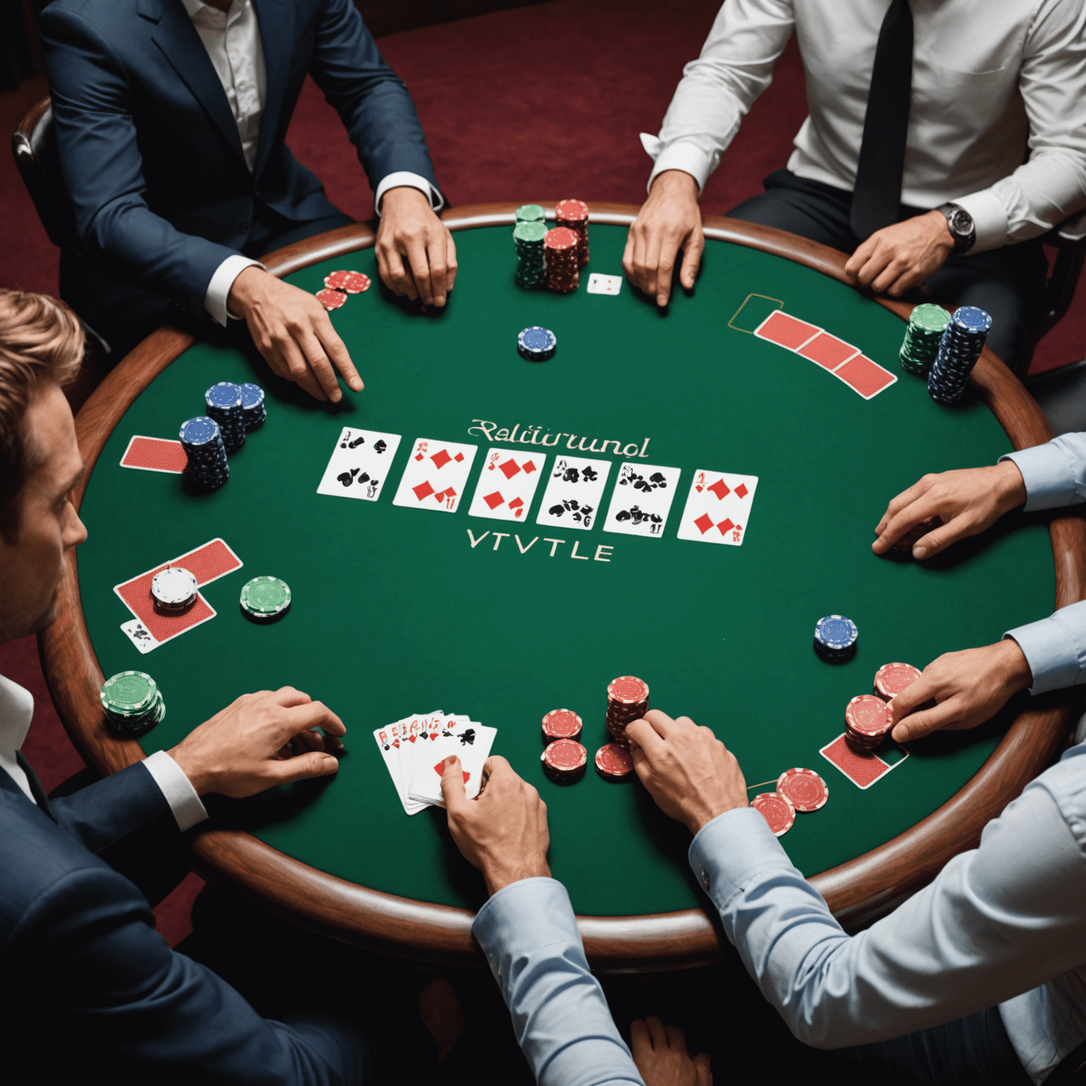 Table de poker virtuelle avec des cartes et des jetons, montrant une main gagnante